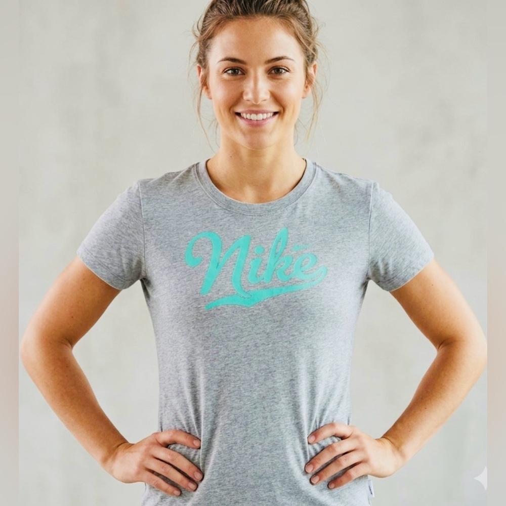 Logo Nike Dri-FIT Cotton Tee - Gray with Teal Script Logo - Size L